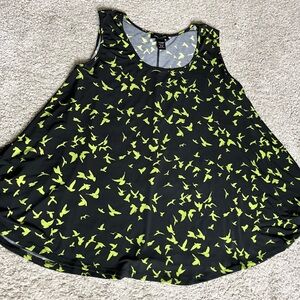 Ashley Stewart Black Tank Top with Neon Yellow Bird Print
